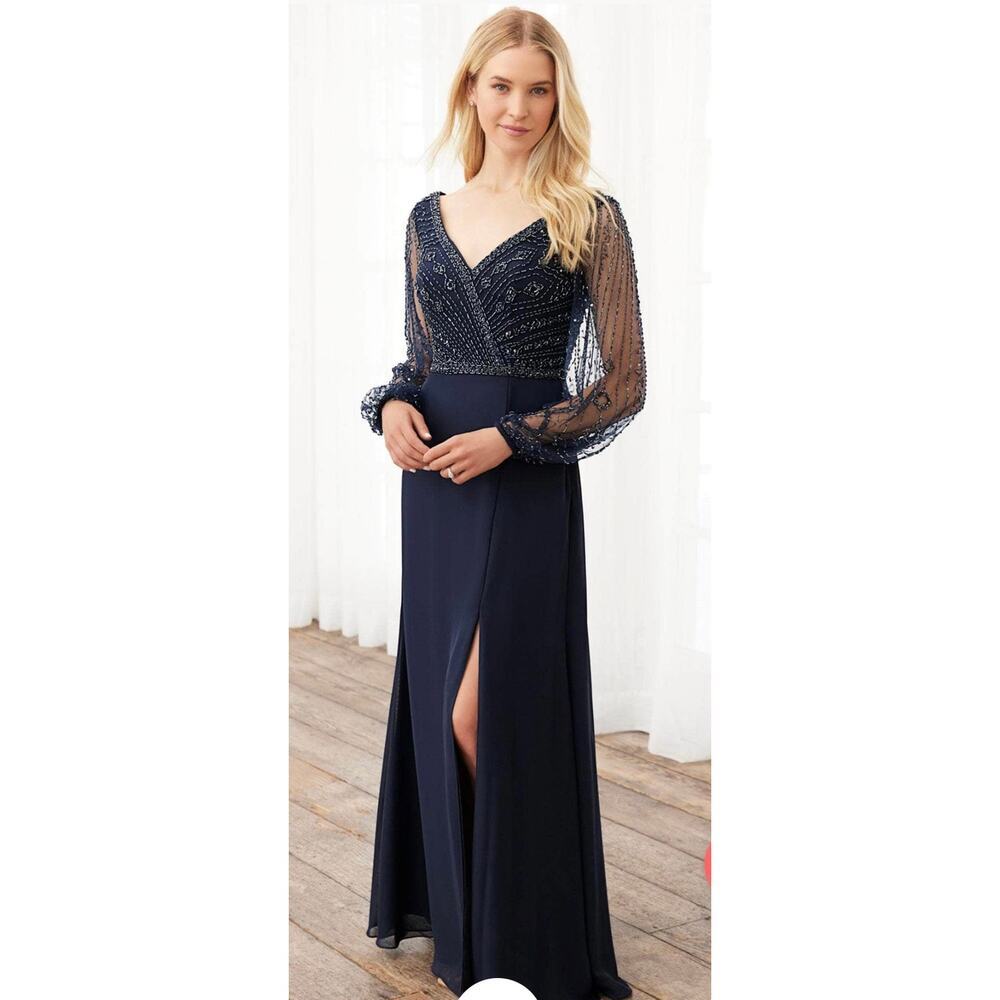 Adrianna Papell 40398 Bishop Sleeve Beaded Bodice Dress, Navy, 16, MOB, Preowned